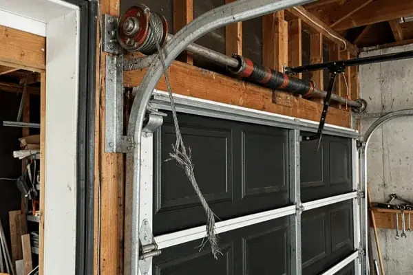 Damaged garage door cable being inspected