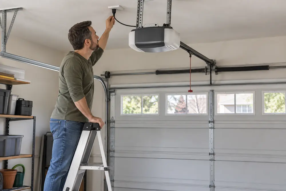 Homeowner checking the power connection for a ceiling-mounted garage door opener