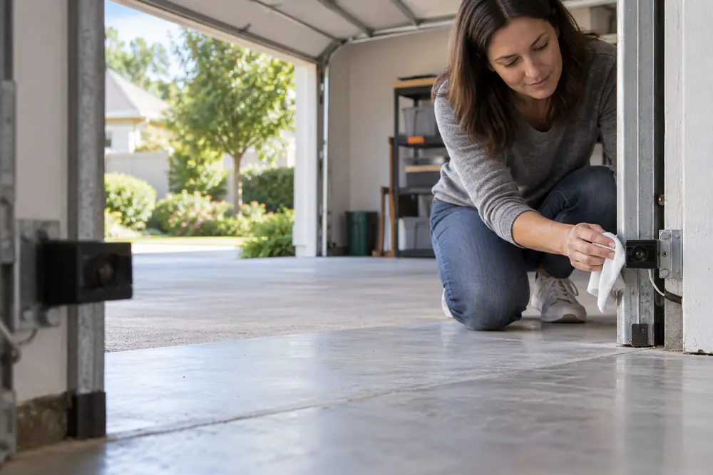 Homeowner gently cleaning a garage door safety sensor lens with a soft cloth