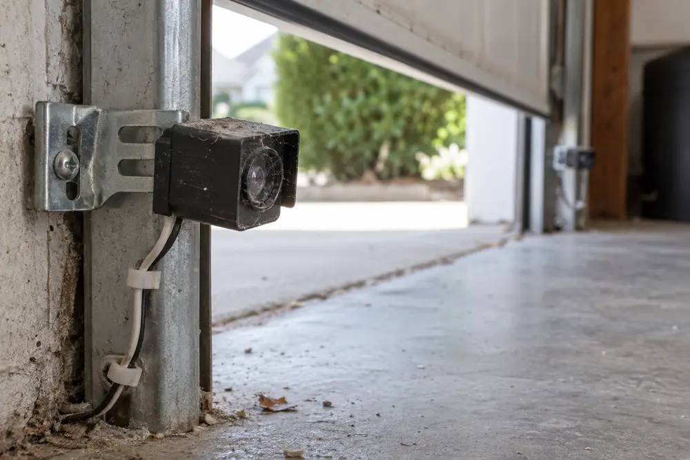 Dusty garage door photo-eye sensor on a slightly shifted bracket near the floor