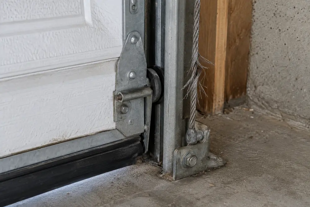 Frayed garage door lift cable beside the lower track and bottom bracket
