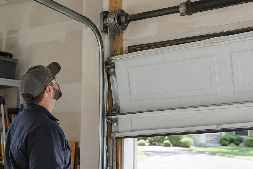 Technician visually inspecting garage door cable position at the torsion drum