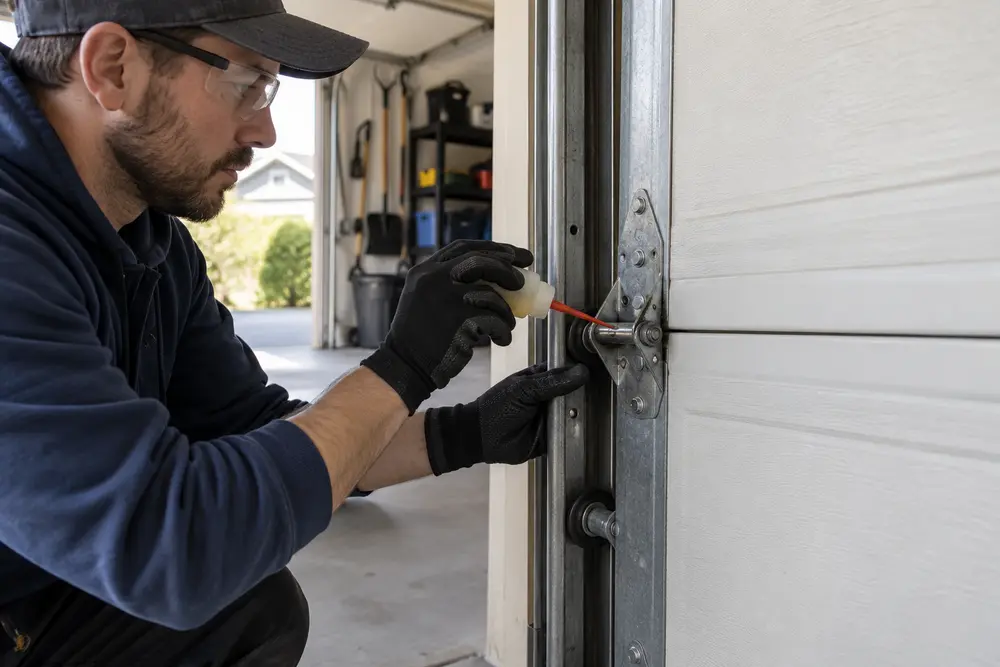 Suitable lubricant applied lightly to a garage door hinge pivot while the track remains dry