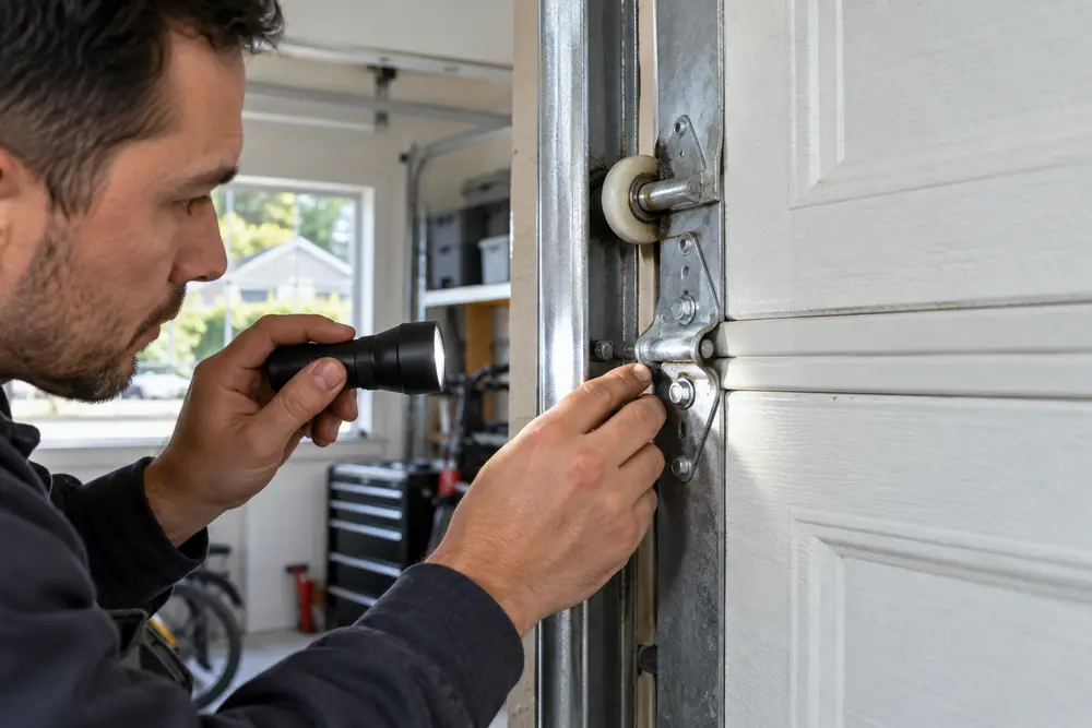 Technician inspecting garage door hinges and rollers for a noise source