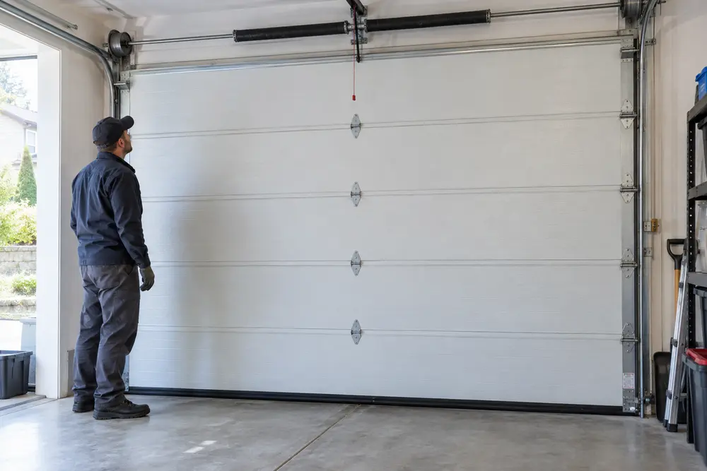 Technician observing whether a closed garage door sits level during a balance inspection