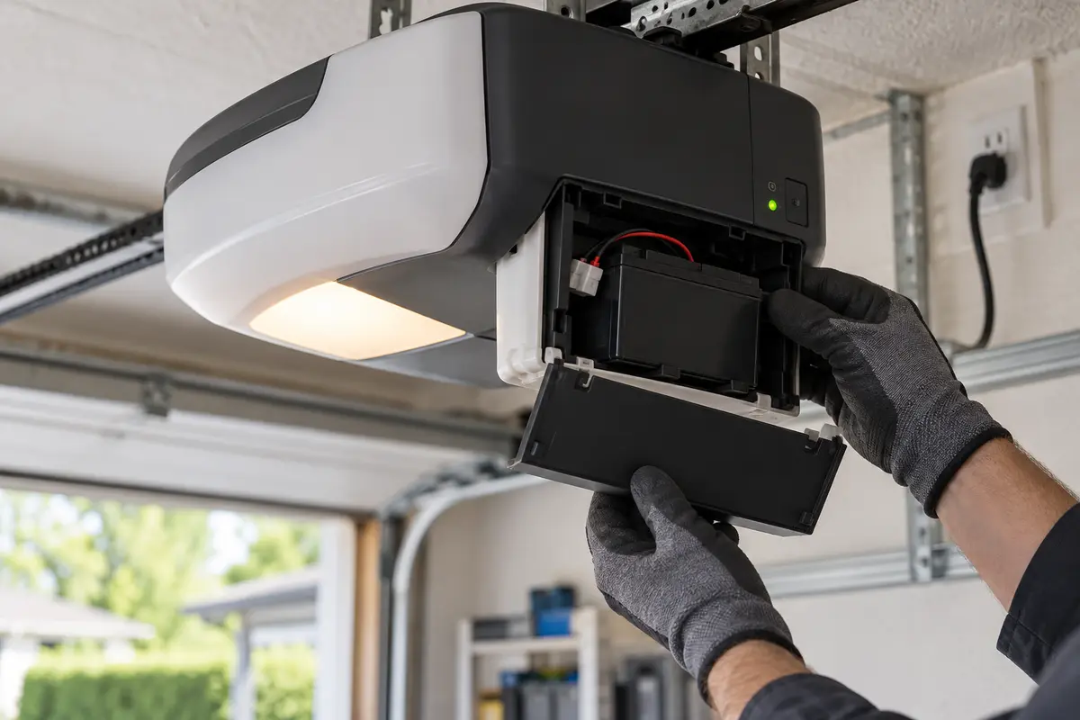Garage door opener battery backup compartment being inspected