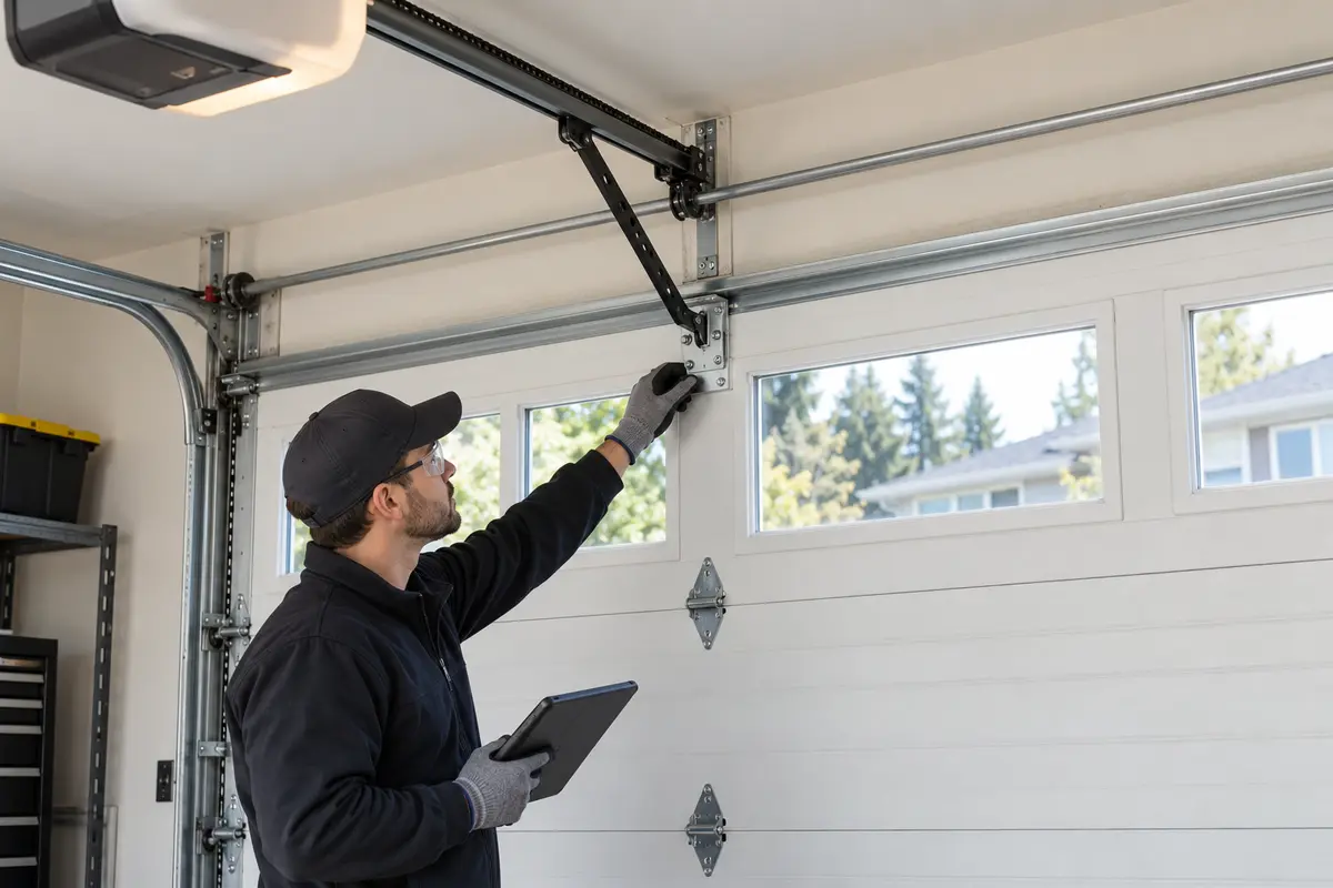 Technician inspecting top-section reinforcement and opener bracket on a replacement garage door