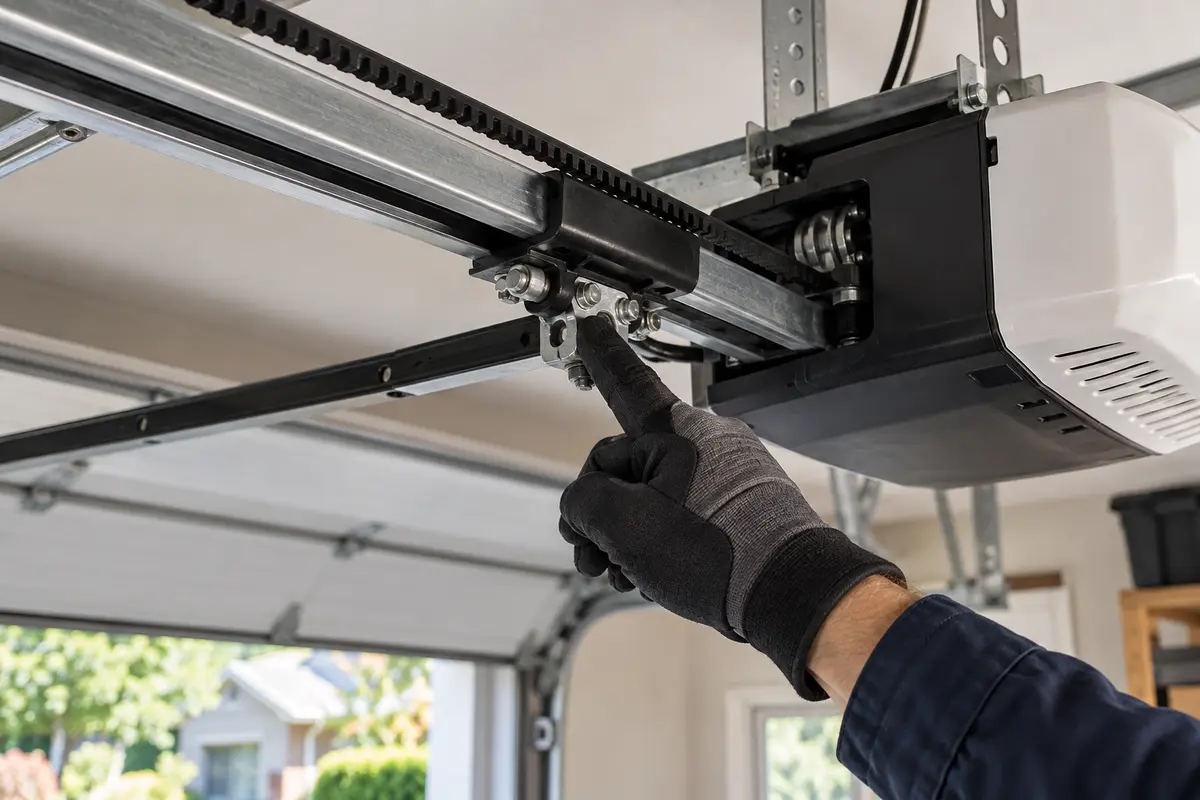 Technician inspecting a garage door opener trolley and drive rail for wear