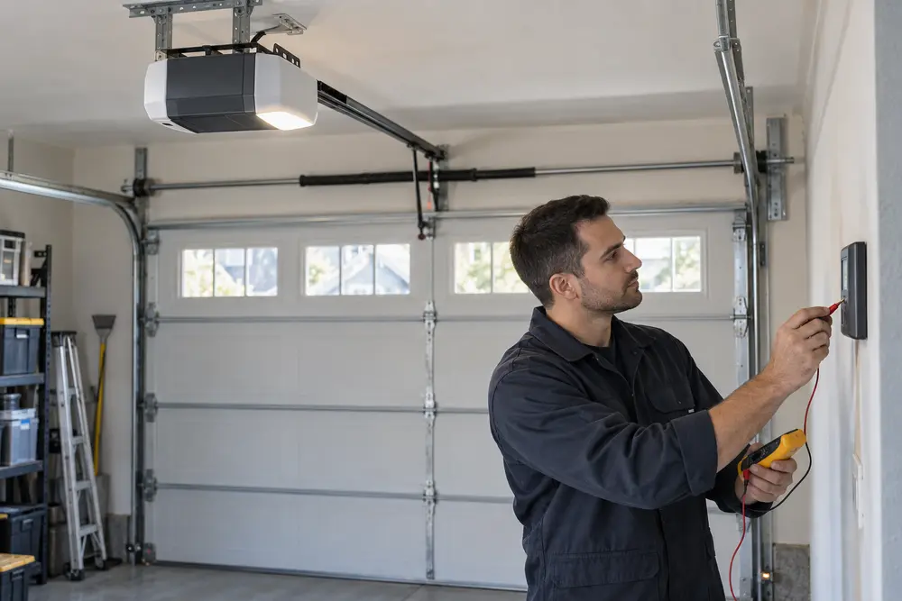 Technician diagnosing a garage door opener and wall control