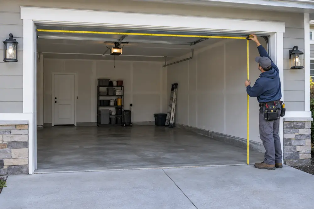 Technician measuring the width and height of a residential garage opening