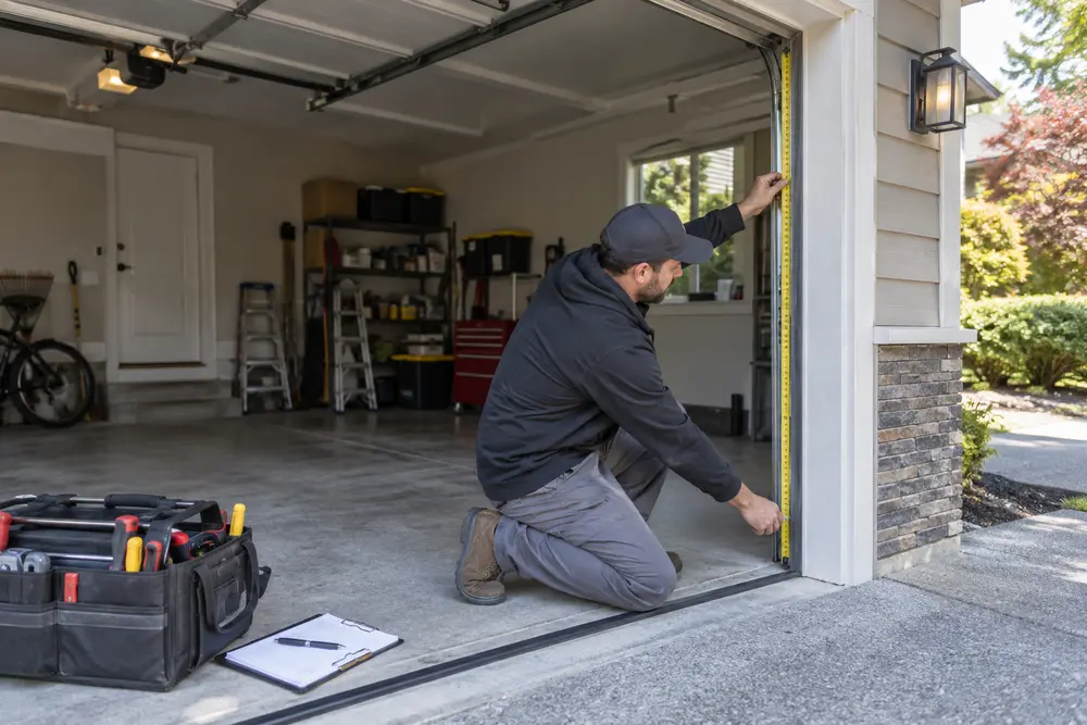 Technician measuring a garage door opening and checking the weather seal