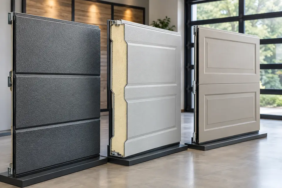 Steel and insulated garage door panel samples in neutral finishes