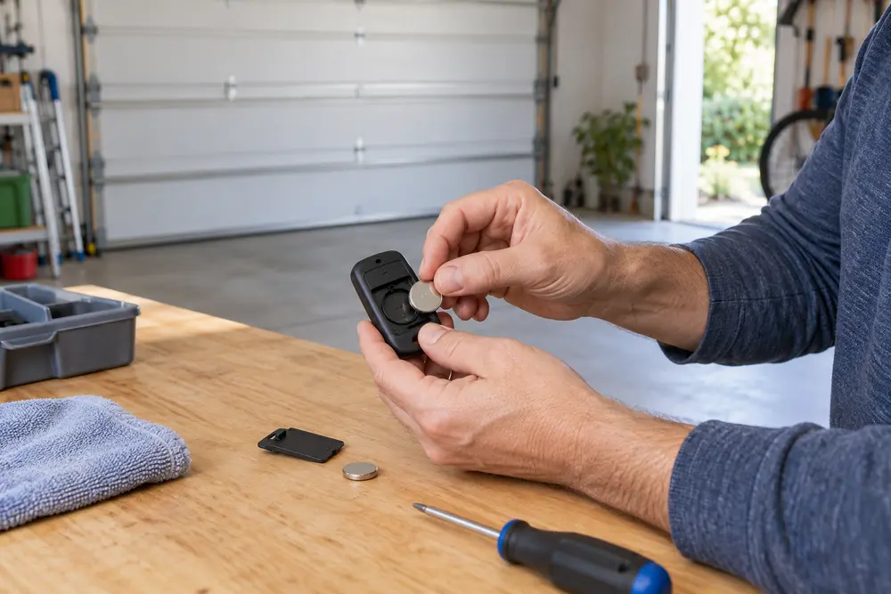 Homeowner replacing a battery in an unbranded garage door remote