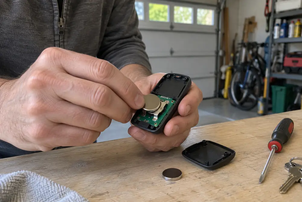 Coin-cell battery being replaced in an unbranded garage door remote