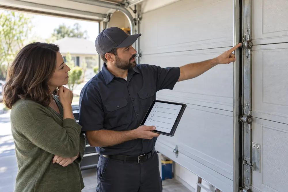 Technician explaining garage door inspection findings to a homeowner