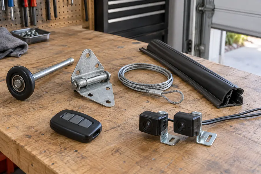 Common garage door roller, hinge, cable, seal, remote and safety sensor parts