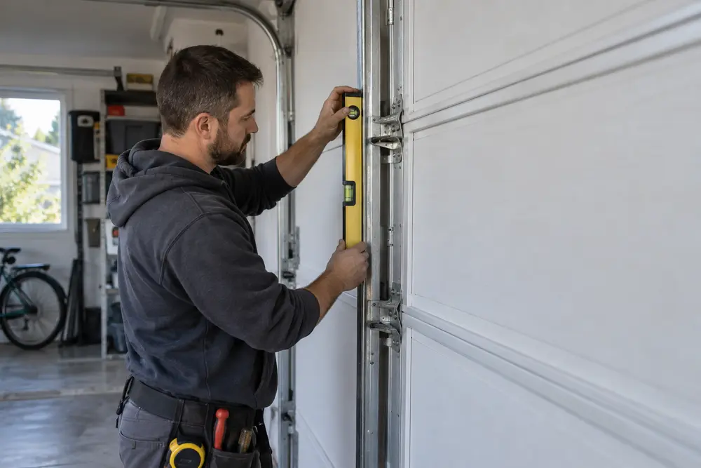 Technician measuring garage door track alignment with a level