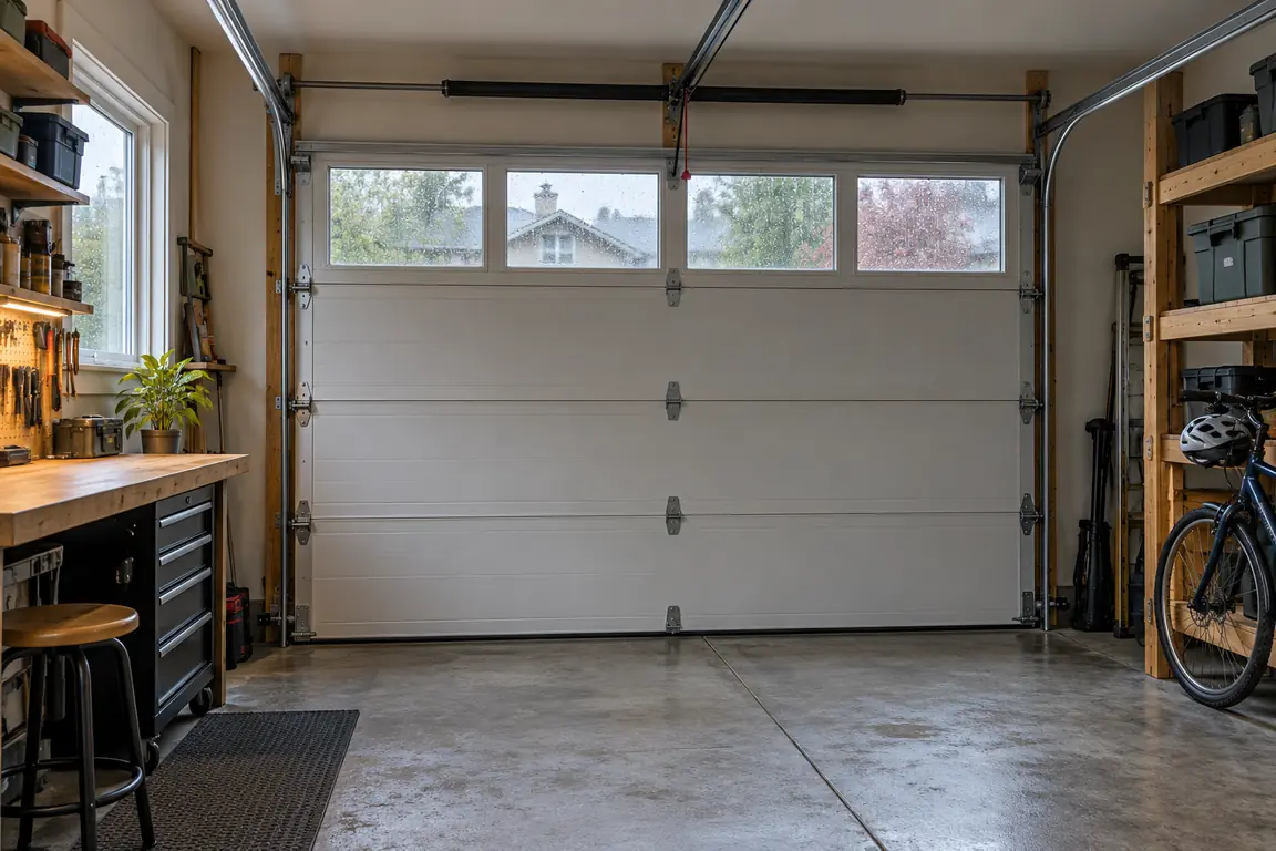 Insulated sectional garage door beside a workshop area in an attached Burnaby garage