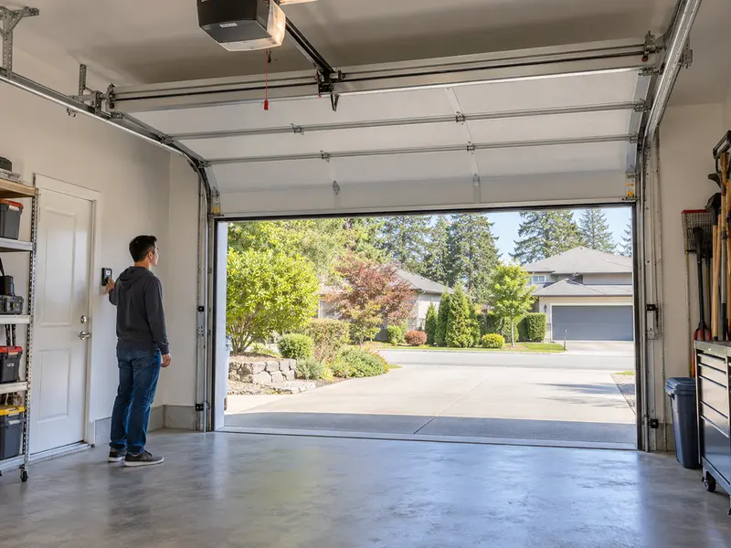 Homeowner safely observing a garage door opening cycle from the wall control