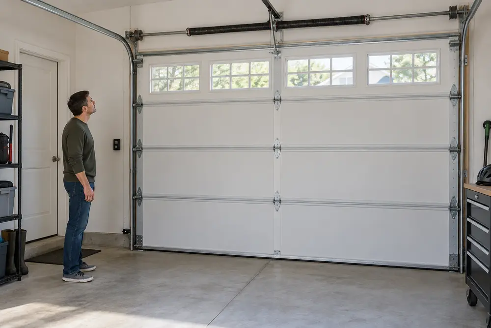Homeowner observing garage door spring hardware from a safe distance