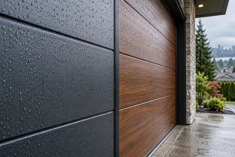 Steel and wood-look composite garage door finishes after light rain