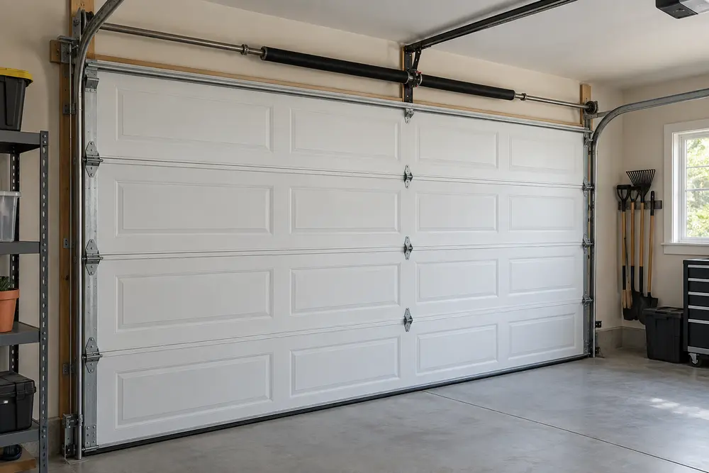 Clean well-maintained steel garage door and track system inside a residential garage