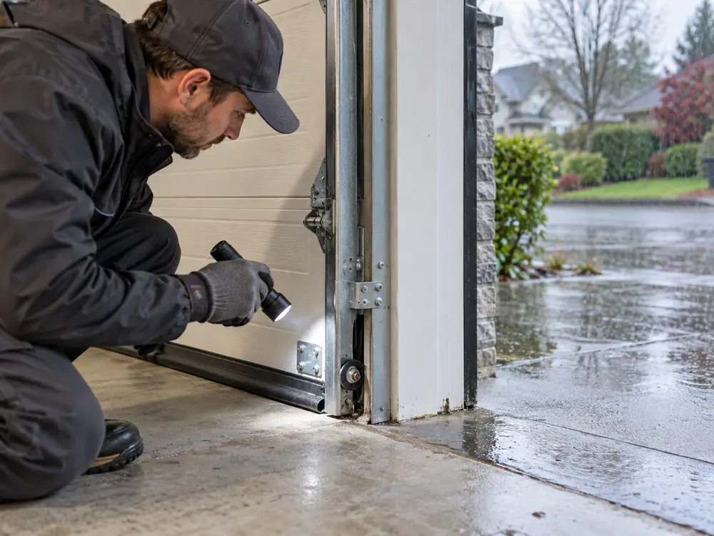 Technician inspecting lower garage door track and weather seal beside a wet driveway